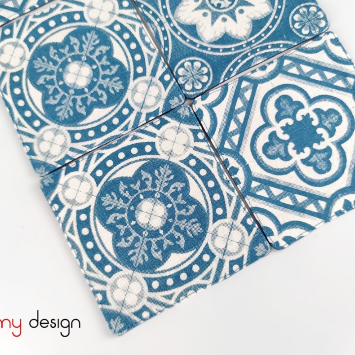 Set of 6 blue/white coasters printed with Anciennes-Sol pattern